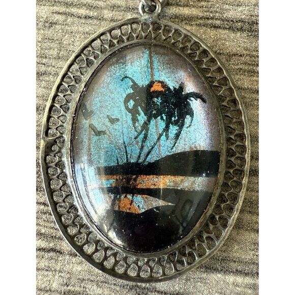 Vintage Sterling Butterfly Wing Pendant Palm Tree Tropical Paradise - Picture 5 of 5